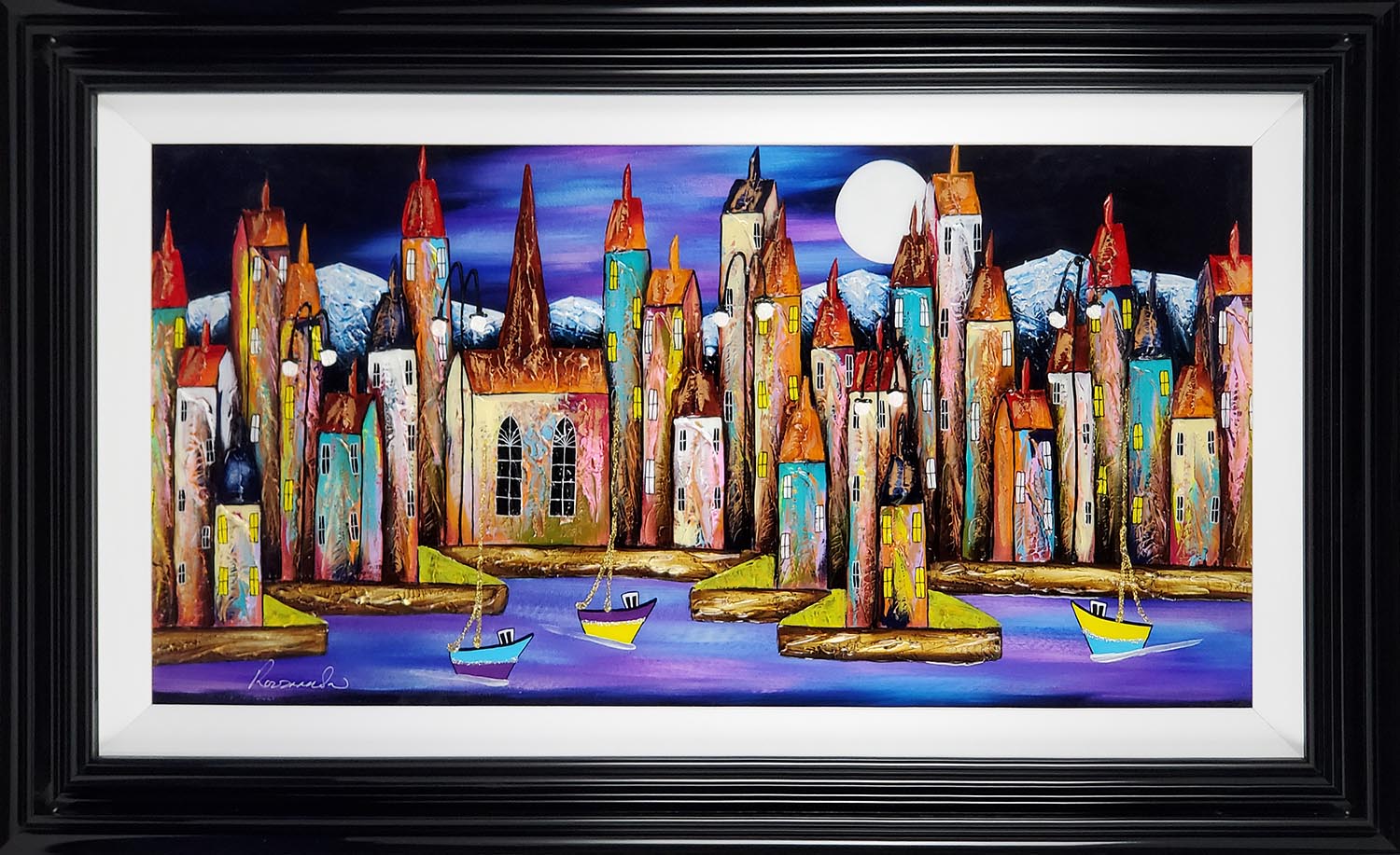 Rozanne Bell framed original Night Harbour Out Fishing id393 Rozanne Bell original Night Harbour Out Fishing id393
