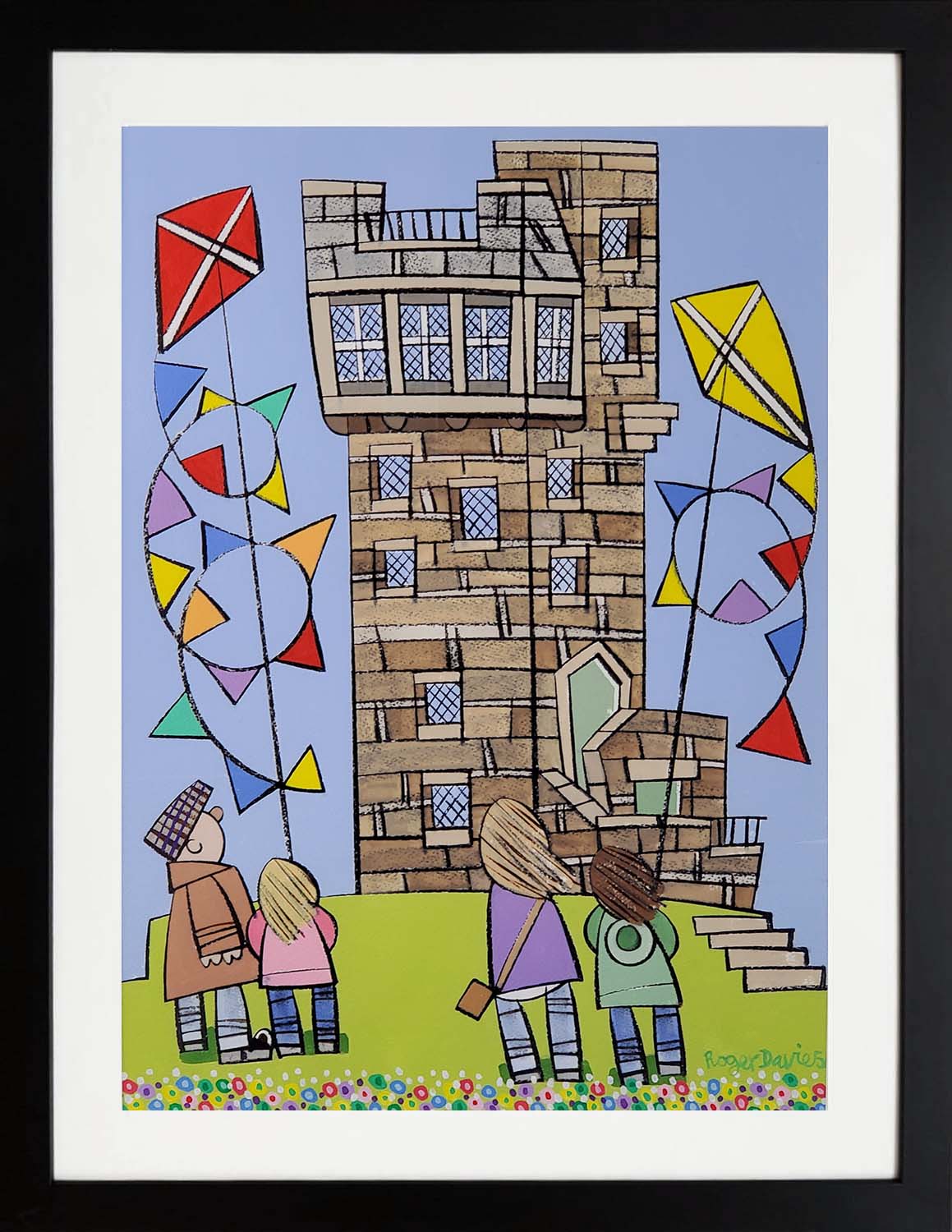 Roger Davies framed original Flying Kites at Castle Hill, Near Huddersfield In Summer Roger Davies framed original Flying Kites at Castle Hill, Near Huddersfield In Summer